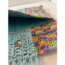 Bright3 Mavi Püsküllü , El Yapımı, Astarlı, Çıtçıtlı, Ebruli Kağıt Ip, Clutch El Çantası