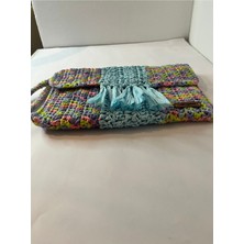 Bright3 Mavi Püsküllü , El Yapımı, Astarlı, Çıtçıtlı, Ebruli Kağıt Ip, Clutch El Çantası
