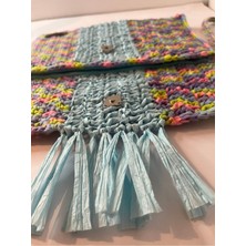 Bright3 Mavi Püsküllü , El Yapımı, Astarlı, Çıtçıtlı, Ebruli Kağıt Ip, Clutch El Çantası