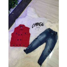 Poyraz Fashion Kids Erkek Çocuk Kot Kargo Pantalon Sıfır Kollu Kırmızı Yelek ve Tişört Takım Bayramlık Kombin