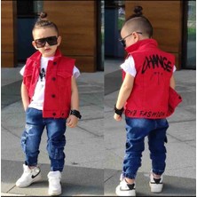 Poyraz Fashion Kids Erkek Çocuk Kot Kargo Pantalon Sıfır Kollu Kırmızı Yelek ve Tişört Takım Bayramlık Kombin