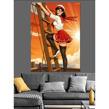 Merdivende Retro Kadın Dekoratif Kanvas - Mdf Ahşap Tablo