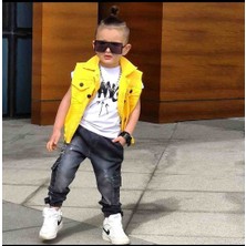 Poyraz Fashion Kids Erkek Çocuk Kargo Cepli Kot Pantalon Sarı Yelek ve Tişört Takım Bayramlık Kombin