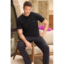 Siyah Ekose Patlı Cep Detaylı Kısa Kollu Erkek Pijama Takımı