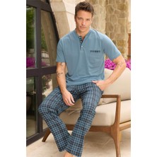 Mavi Ekose Patlı Cep Detaylı Kısa Kollu Erkek Pijama Takımı