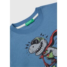 United Colors Of Benetton Erkek Çocuk Havacı Mavi Önü Baskılı Bisiklet Yaka Uzun Kollu T-Shirt