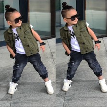 Poyraz Fashion Kids Erkek Çocuk Kot Pantalon Kargo Cepli  Yeşil Yelek ve Tişört Takım Bayramlık Kombin