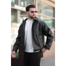 Erkek Düğmeli Siyah Deri Ceket