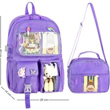 Waddell Kawaii Kore Tarzı Aksesuarlı İlkokul Sırt ve Beslenme Çantası Lila 25002