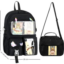 Waddell Kawaii Kore Tarzı Aksesuarlı İlkokul Sırt ve Beslenme Çantası Siyah 25002
