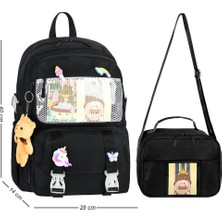 Waddell Kawaii Kore Tarzı Aksesuarlı İlkokul Sırt ve Beslenme Çantası Siyah 25001