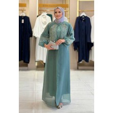 Taş Detaylı Elbise Abaya Takım 3943 Mint