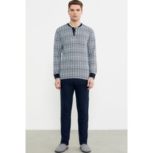 Sementa Desen Kombinli Örme Yaka Pijama Takım - Lacivert