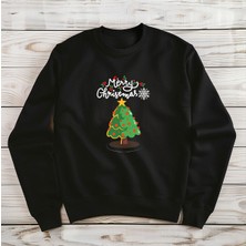 Parshey Merry Christmas Çam Ağacı Baskılı Siyah Bisiklet Yaka Sweatshirt Kalın Kumaş 3 Iplik