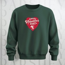 Parshey Happy Valentine's Day Kalp Desenli Oversize Bisiklet Yaka Sweatshirt 3 Iplik Şardonlu