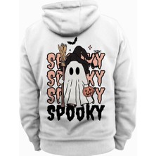 Parshey Halloween Spooky Baskılı Beyaz Kapüşonlu Sweatshirt Hoodie Kalın Kumaş 3 Iplik Şardonlu