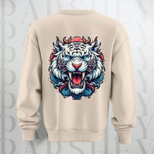 Parshey Tiger Baskılı Kalın Kumaş 3 Iplik Şardonlu Oversize  Bisiklet Yaka Sweatshirt