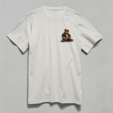 Parshey Oturan Ayı Baskılı  Yarım Kollu Bisiklet Yaka  Pamuk Oversize T-Shirt