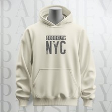 Brooklyn Nyc Baskılı Kapüşonlu Sweatshirt Hoodie Kalın Kumaş 3 Iplik Şardonlu