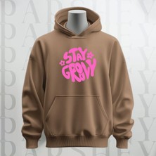 Parshey Stay Groovy Göğüs Baskılı Kapüşonlu  Sweatshirt Hoodie Kalın Kumaş 3 Iplik Şardonlu