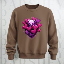 Parshey Love Teddy Deseni Baskılı Bisiklet Yaka  Oversize Kalıp Sweatshirt 3 Iplik Şardonlu