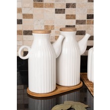 6 Parça Bambu Standlı 2’li 1000 ml Yağdanlık ve 3’lü Porselen Çay Şeker Tuz Kahve Kavanoz Seti