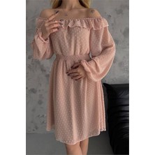 Dipmoda Kadın Camel Madonna Yaka Mini Ponpon Şifon Elbise DPK2057