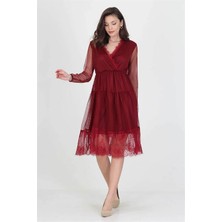 Neseli Butik Kruvaze Yaka Eteği Güpür Detaylı Yeni Sezon Elbise DP0010