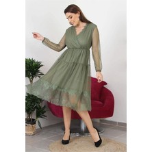 Dipmoda Kadın Kruvaze Yaka Eteği Güpür Detaylı Yeni Sezon Elbise APCX10