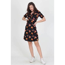 Dipmoda Kadın Kruvaze Yaka Çiçek Desenli Örme Krep Mini Elbise DP10022