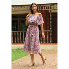 Dipmoda Kadın Pudra Madonna Kuşaklı Yeni Sezon Desenli Şifon Elbise DP10037