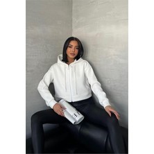 Dipmoda Kadın Kapüşonlu Kısa Sweatshirt GTS025 - Ekru