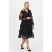 Dipmoda Kadın Yeni Sezon Tül Detaylı Kruvaze Yaka Büyük Beden Elbise APCX14