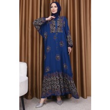 Sefa Merve Leopar Garnili Desenli Elbise 5576-01 Indigo