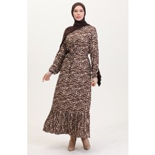 Sefa Merve Viskon Kumaş Eteği Fırfırlı Kuşaklı Elbise 0038-04 Kahverengi