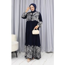 Sefa Merve Sulu Desen Elbise 4082-03 Lacivert Beyaz