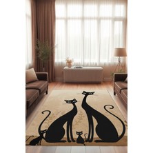 The Reef Design Kedi Ailesi Temalı Dokuma Kaymaz Tabanlı Yıkanabilir Kedi Desenli Oturma Odası Halısı