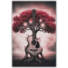 The Reef Design Kırmızı Ağaç ve Gitar Figürlü Halı Dijital Baskılı Kaymaz Tabalı Yıkanabilir Müzik Odası Halısı