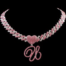 Hip Hop Bling Pembe El Yazısı Ilk Harf Küba Kolye Kadınlar Için Buzlu Outlanı Küba Kolye Gerdanlık Takı (Yurt Dışından)