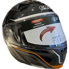 Siyah Renk Turuncu Detaylı Kask  Çene Açılır - Tam Kask Vizörlü ve Intercom Takma Yuvalı