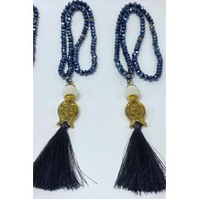 Lacivert Hediyelik Laleli Püsküllü Kristal Boncuklu 99 Lu Namaz Tesbihi ( Mevlüt-Sünnet-Hac-Umre)