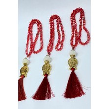 Kırmızı Hediyelik Laleli Püsküllü Kristal Boncuklu 99 Lu Namaz Tesbihi ( Mevlüt-Sünnet-Hac-Umre)