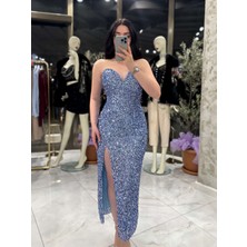 Agnes Kalp Yaka Önden Yırtmaçlı Midi Boy Elbise Bebe Mavi