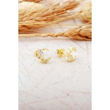 Taşlı Ay Yıldız Altın Kaplama Mini Gümüş Küpe 7355