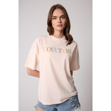 Kadın T-Shirt Puda Pembe Culture Nakışlı Oversize Basic - 2508