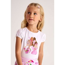 Kısa Kollu Fırfırlı Renkli Baskı Rahat Pamuklu Özel Gün Bayramlık Kız Çocuk T-Shirt