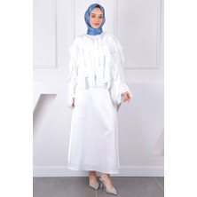 İmaj Butik Ekru Fırfır Detaylı Bluz Etekli Takım