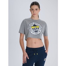 Fenerbahçe Kadın Fenerbahçe Trıbun Fırça Detaylı Tshırt Gri Melanj 44 Beden Özel Tasarım