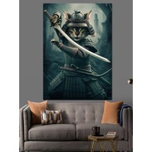 Samuray Kılıçlı Kedi Dekoratif Kanvas - Mdf Ahşap Tablo