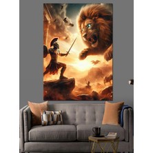 Gladyatörle Ile Aslan Dekoratif Kanvas - Mdf Ahşap Tablo